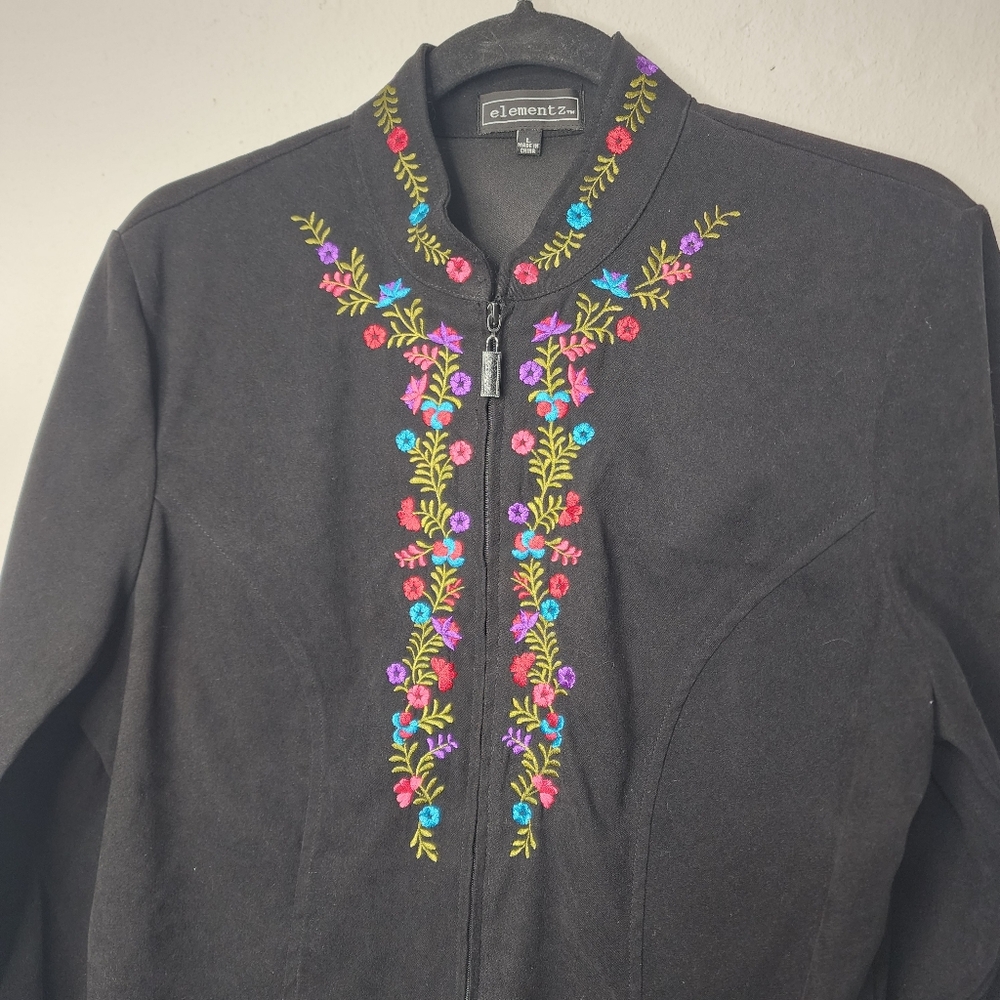Elementz Embroidered Floral Mandarin Collar‎ Jacket L Vintage Style - Picture 5 of 11